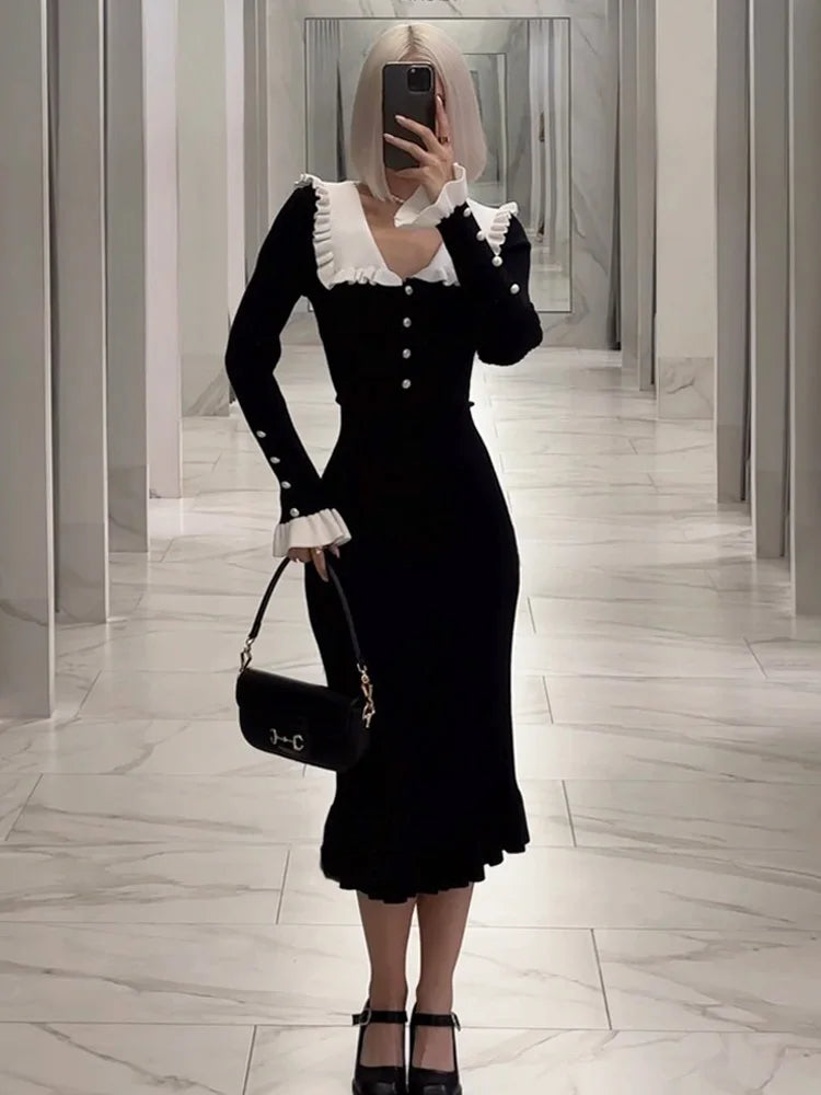 Ruffled Patchwork Knit Maxi Dress Ribbed Long Sleeve Dress Gown Slim Knit Long Dress