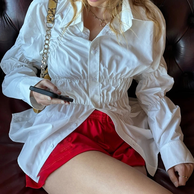 Blouse Tops Ladies Shirt Scrunched Button Up Long Sleeve Turn Down Collar T-shirt