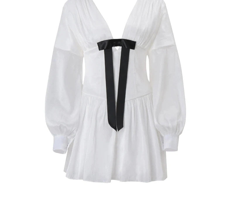 White Ruffles Dress Bow Patchwork V Neck Backless Mini Dress
