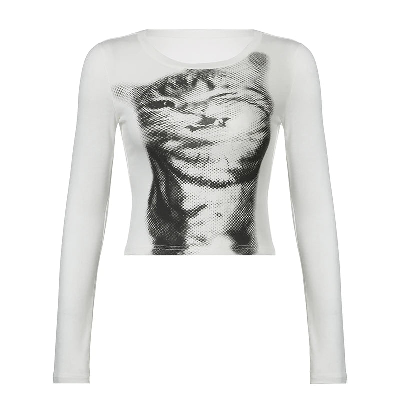 Cartoon Cat Crop Tee Long Sleeve Fairycore Tee