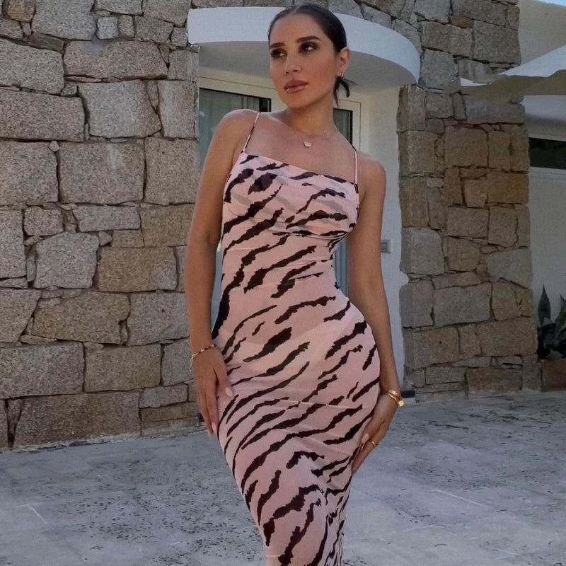 Mesh Zebra Backless Lace Up See Through Maxi Dress