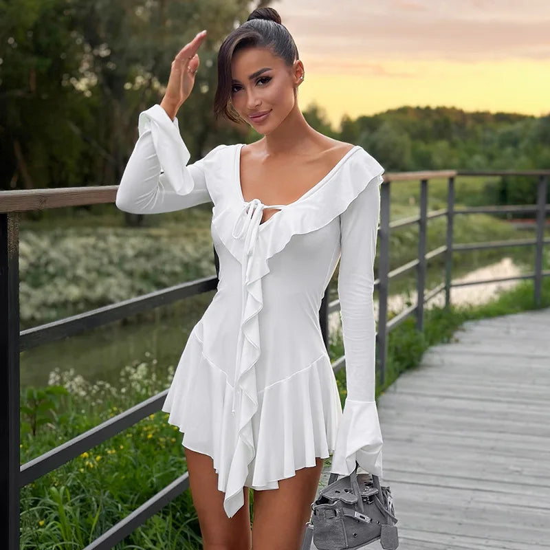 White Deep V Neck Ruffled Dress Long Flare Sleeve Short Dresses Slim