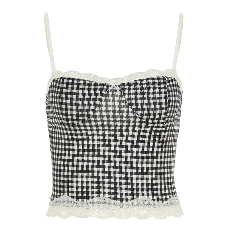 Lace Patchwork Crop Camisole Backless Slim Slim Plaid Top