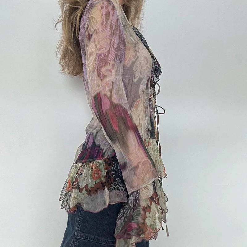Tie Dye Shirt Ruffle Flare Sleeve Lace-up Retro See-through
