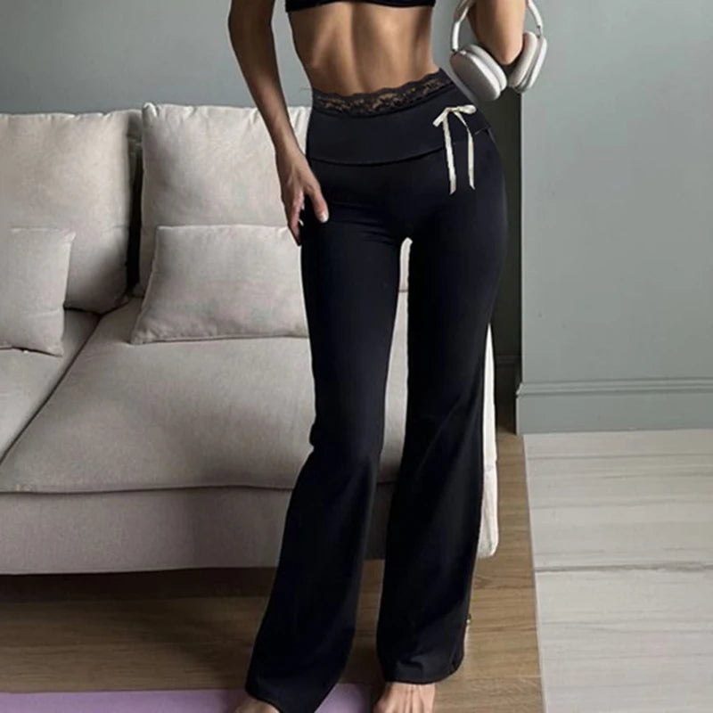 Lace Patchwork Bow Straight Pants Trousers Joggers Bottoms