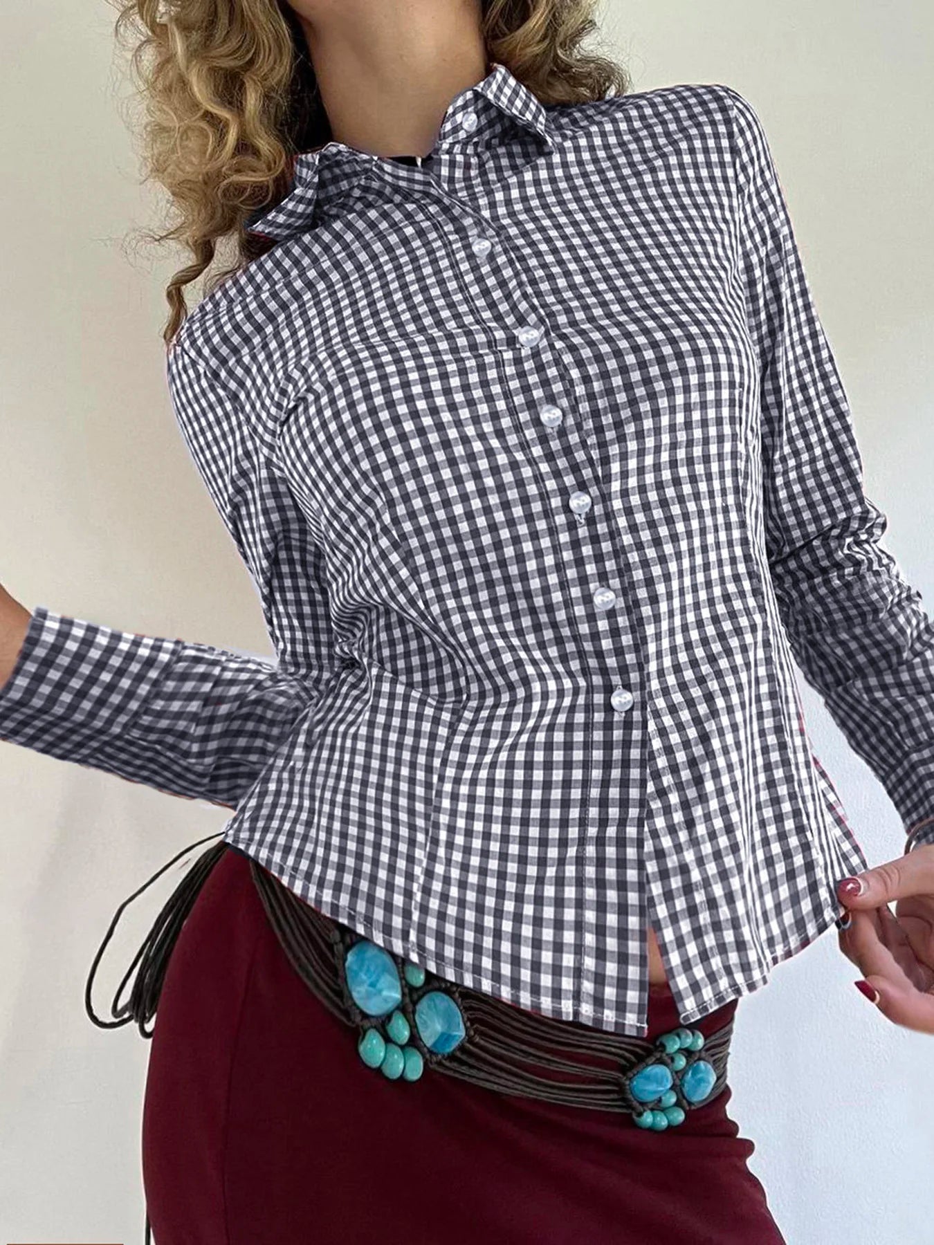 Plaid Button Up Bloue Turn-down Neck Shirt Top