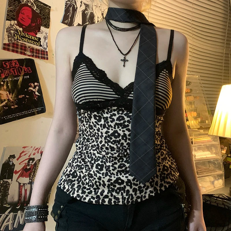 Striped Leopard Print Slim Camisole V-Neck Backless Top Lace Patchwork Retro Bow Vest