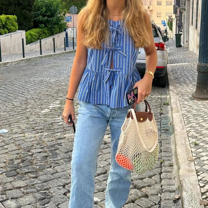 Striped Sleeveless Tie Up Top