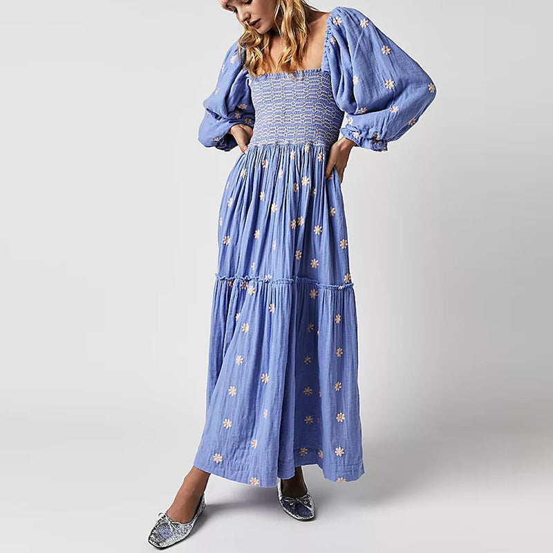 Ruffle Swing A Line Maxi Dress Bohemian Floral Dress Square Neck Long Sleeve Dress