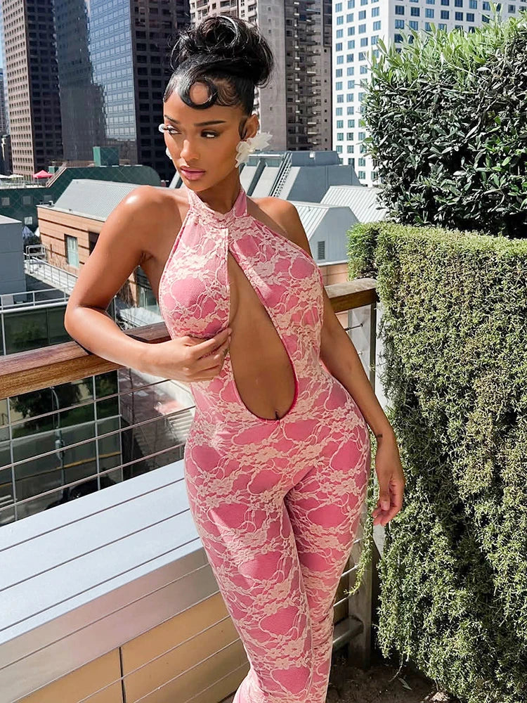 Jumpuit Silky Panell Halter Cut Out Cleavage Backless Tank Overall One Piece