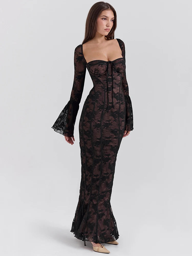 Lace Long Flare Sleeve Maxi Dress Square Collar Backless Bodycon Dress