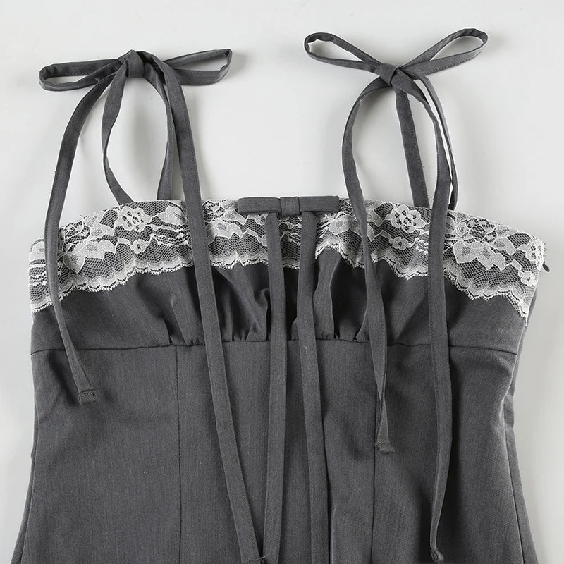 Contrast Lace Patchwork Camisole Y2K Bow Decorate Tie-up Straps Crop Tops A-line Pleated Corset Cute Vest Lolita