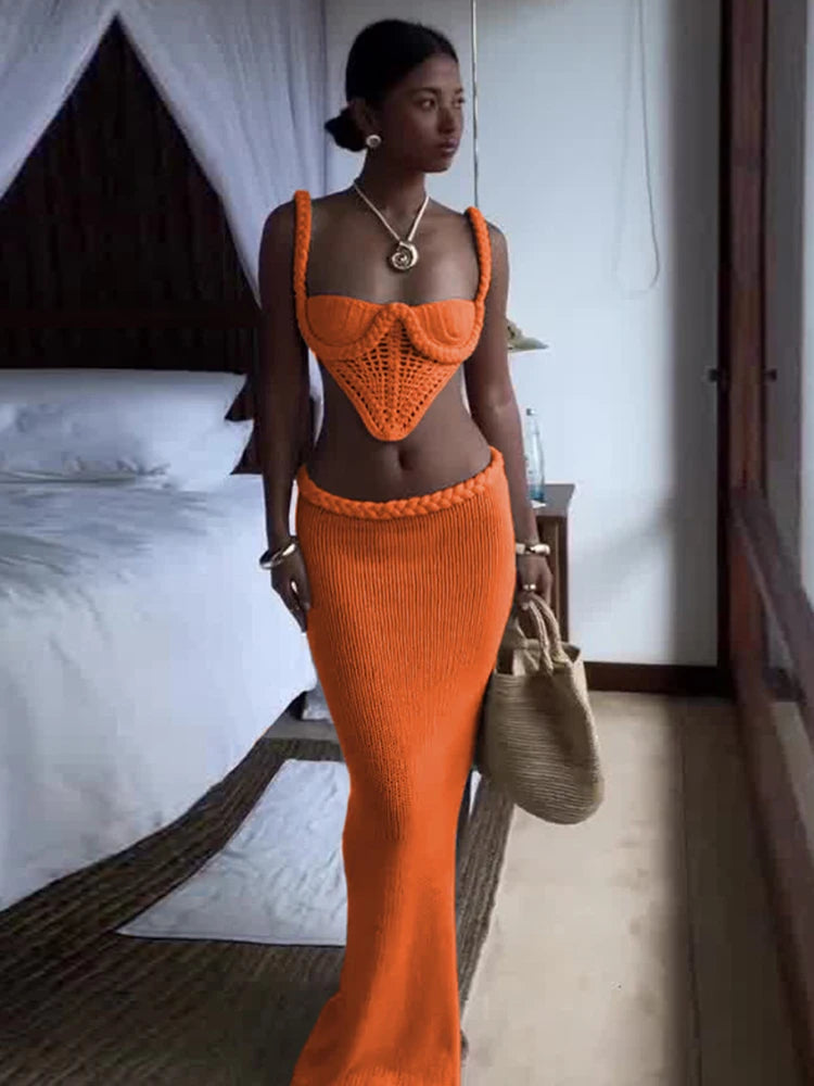 Crochet Shirring Two Piece Set Cross Backless Irregular Top Long Skirt Suits