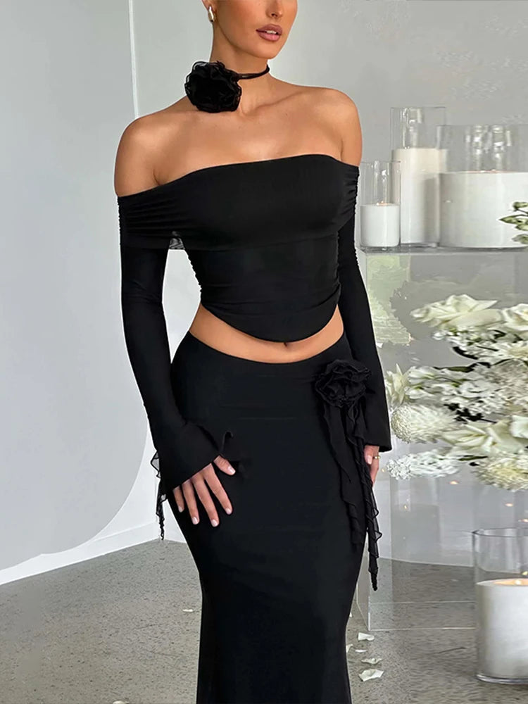 3D Flower Off Shoulder Crop Top Maxi Skirt Set