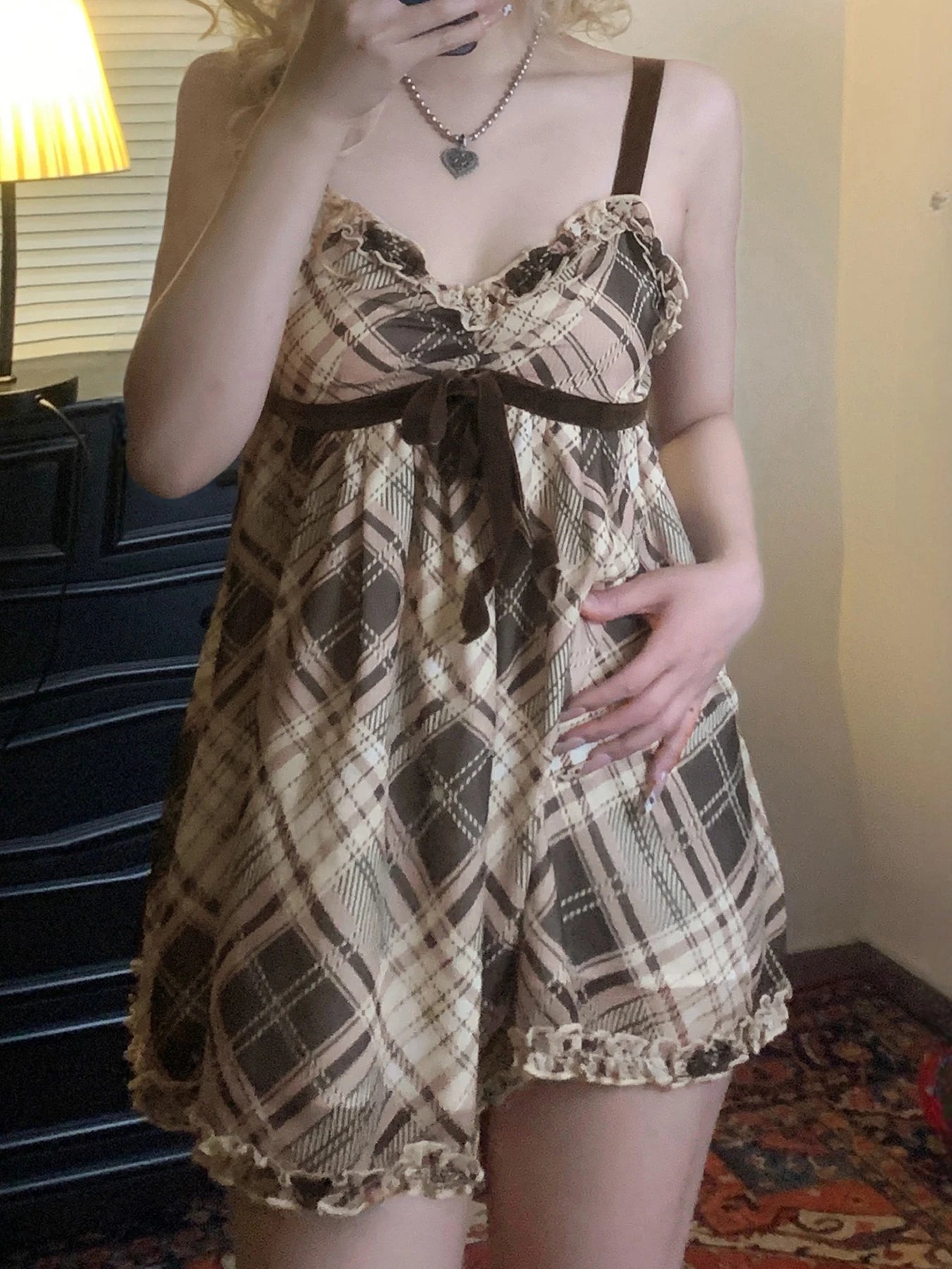 Plaid Print Camisole Ruched A-line Top Sleeveless Retro