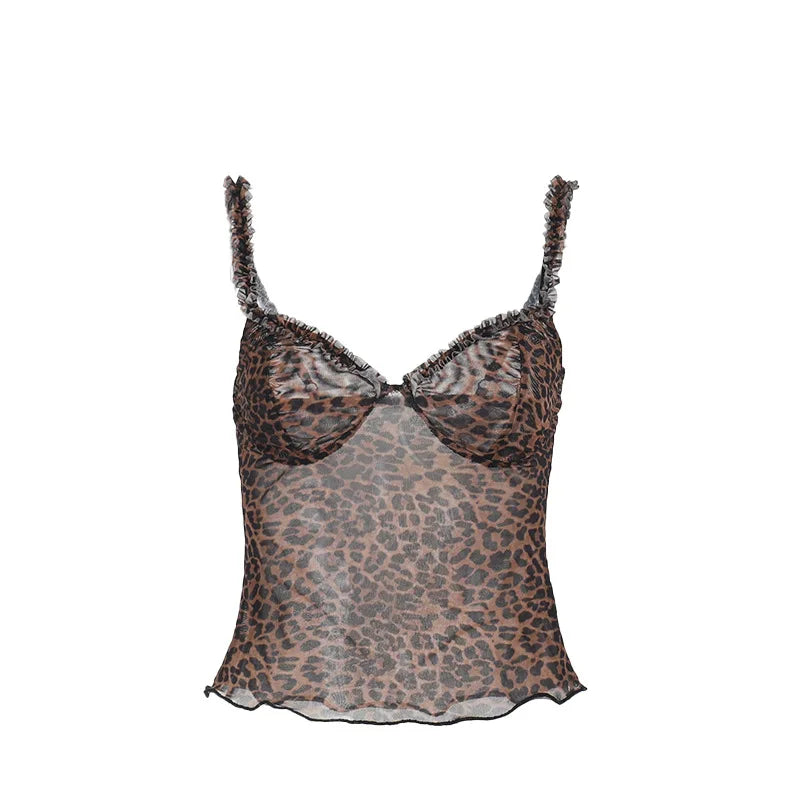 Leopard Print Camisole Mesh See Through Low-Neck Backless Ruffles Hem Street Tank Top