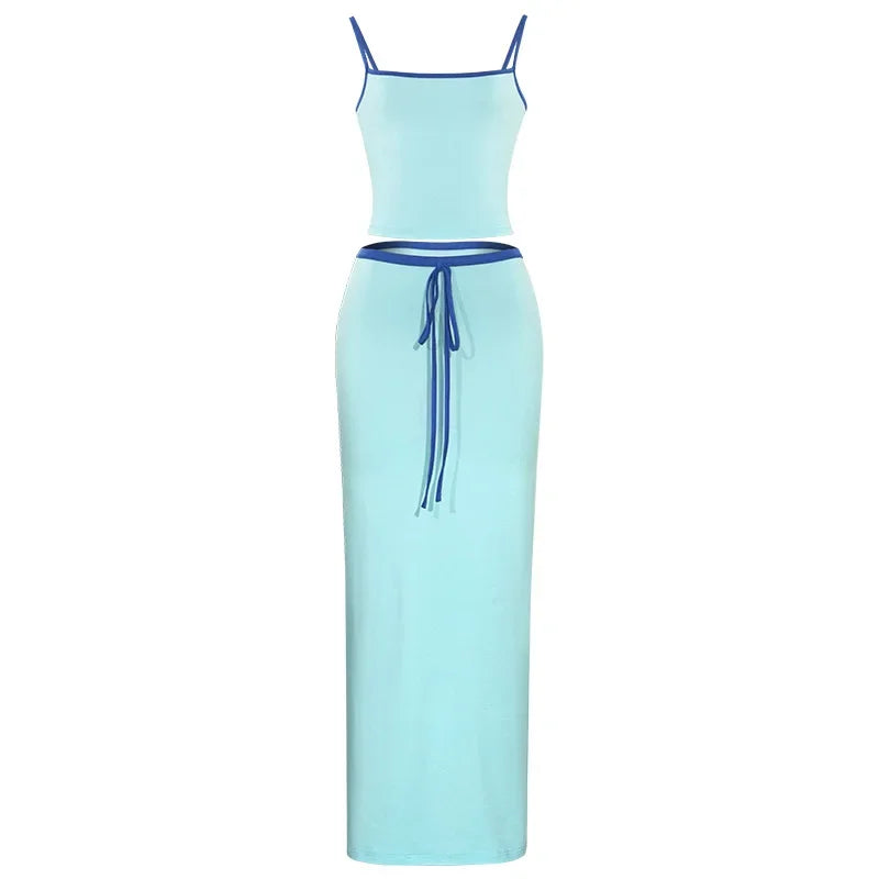 Blue Sleeveless High-Waisted Set