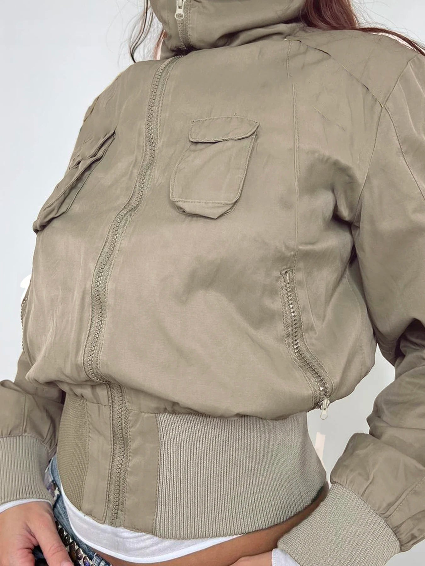 Patchwork Jackets Pockets Turn-down Collar 's Coats Zipper