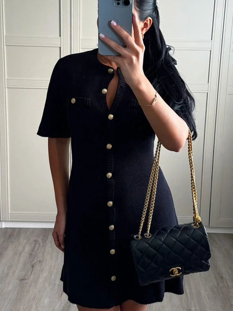 White Knit Mini Dress Short Sleeve Patchwork Pocket Loose Dress Knit Mini Dress