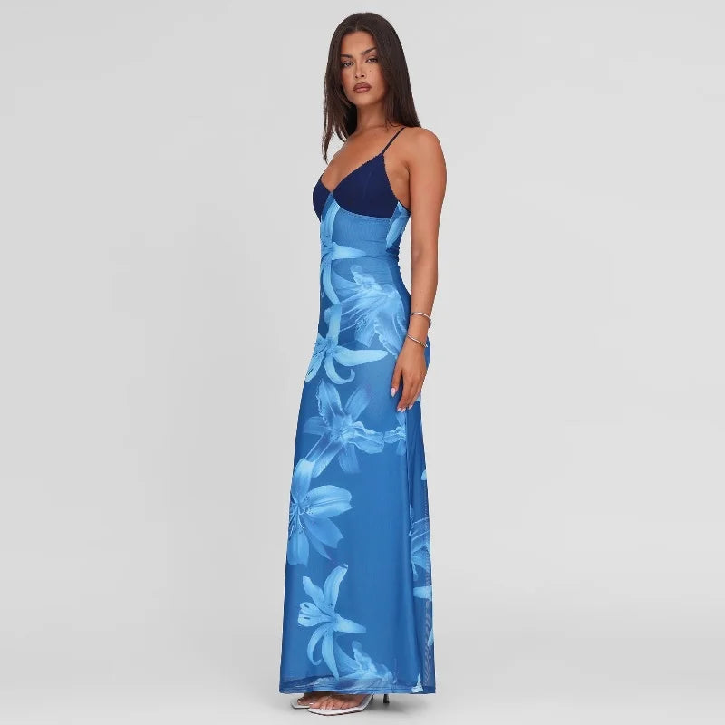 Blue Floral V-Neck Bodycon Midi Dress