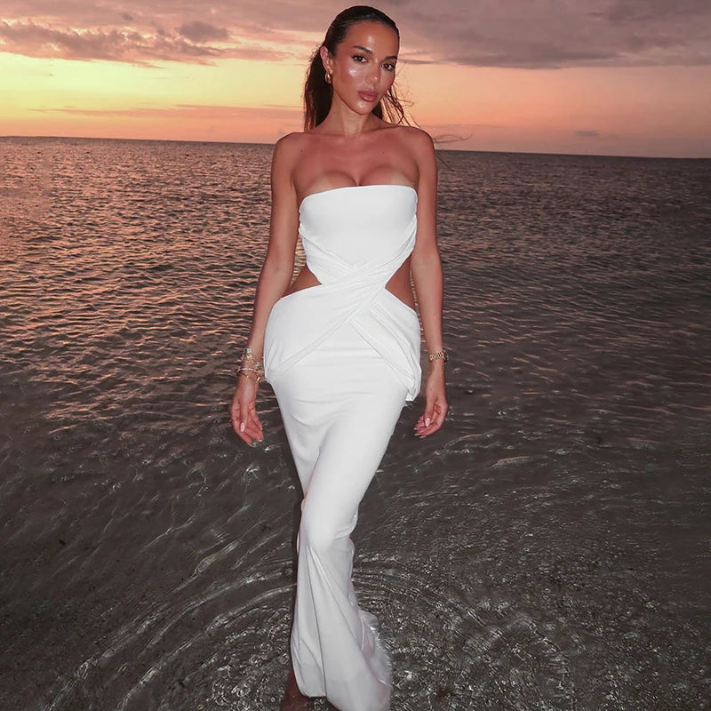 'S Strapless Backless Waistless Hollow Out Cross Slim Open Long Dress Dress