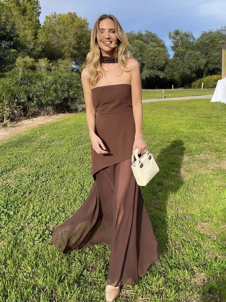 Mesh Strapless Ribbon Maxi Dress