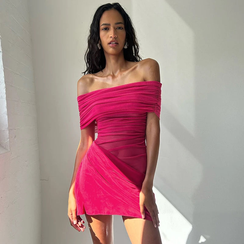 One-Shoulder Meh Patchwork Hollow Out Wait Short Pleat Dress Mini Dress