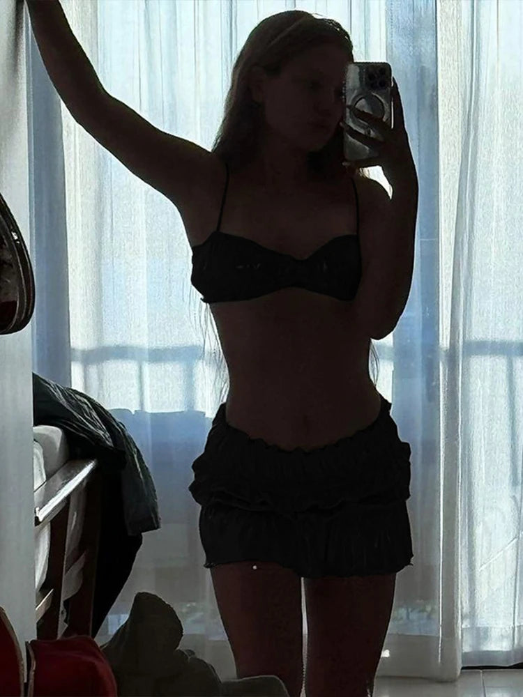 2 Piece Set Glitter Silky Strapless Bandage Camisole Briefs Ruched Ruffles Skirts