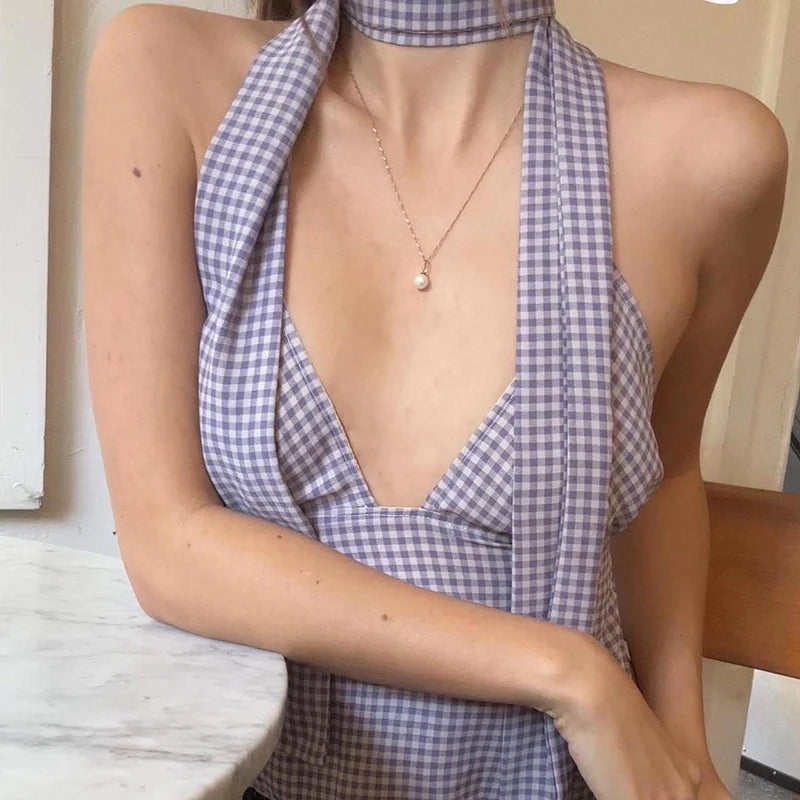 Backless V-Neck Top With Scarf