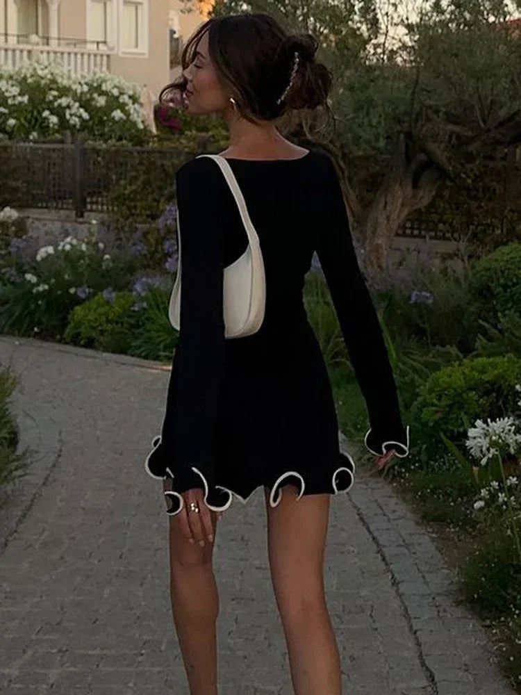 Knit Mini Dress Ruffled High Waist Slim Dress Patchwork Knit Sweater Dress