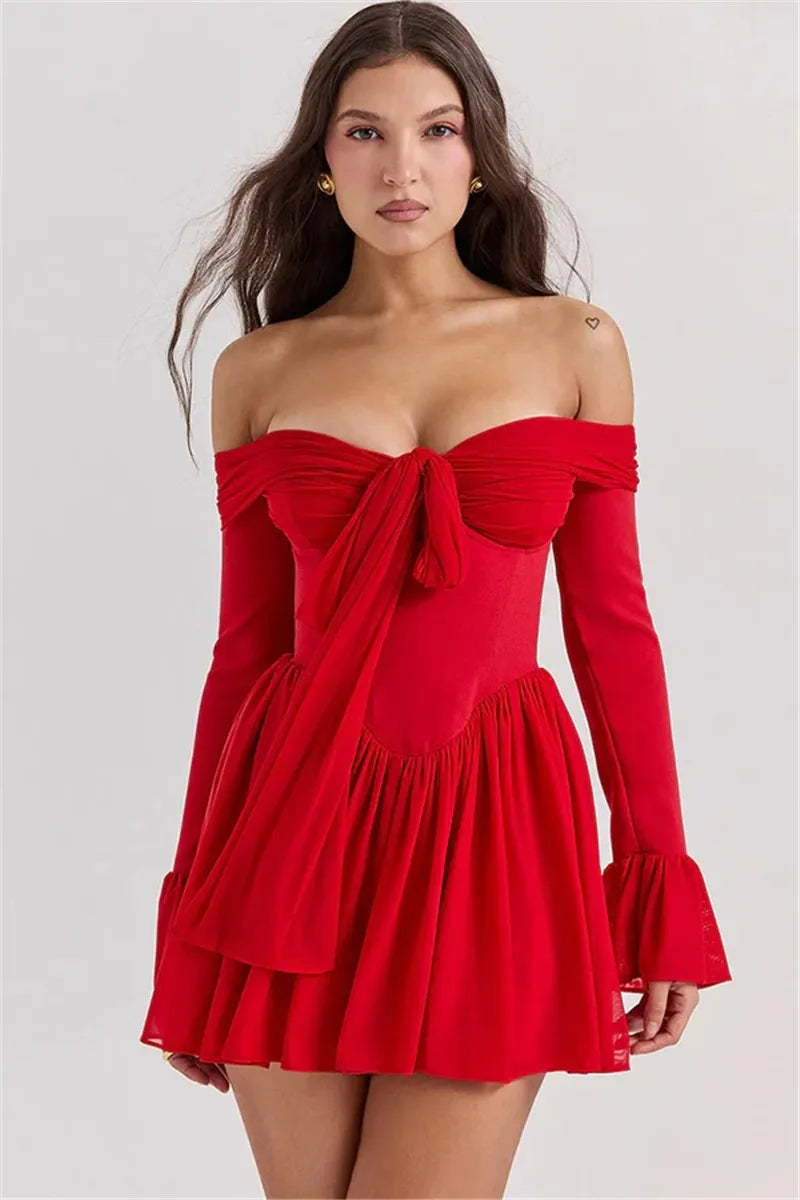 Strapless Backless Mini Dress For Red Off-shoulder Long Flare Sleeve Pleated Dress