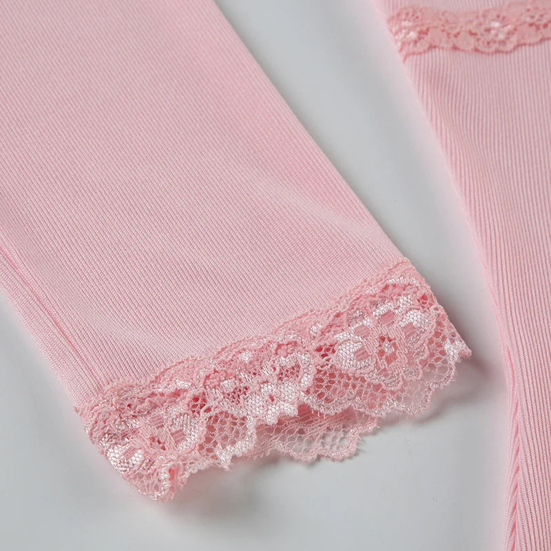Lace Patchwork Shirt Long Sleeve Pink
