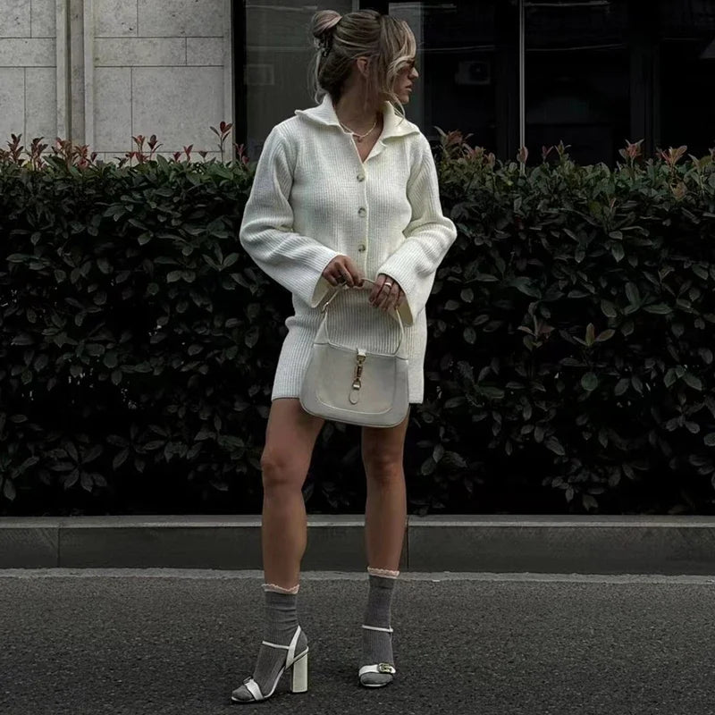 Knitted Suit Lapel Flare Sleeve Cardigan Skirt Solid Slim Sweater Two Piece Sets