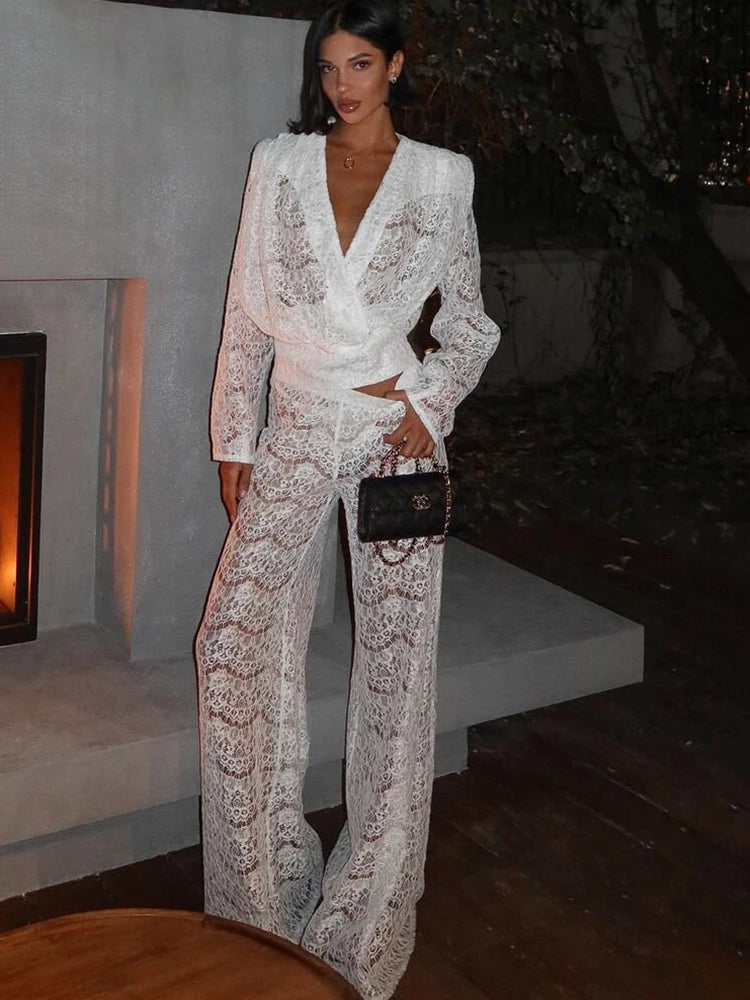 Deep V-neck See Through Lace Two Piece Sets Pant Suit Long Sleeve Top Long Pant Solid Pant Set
