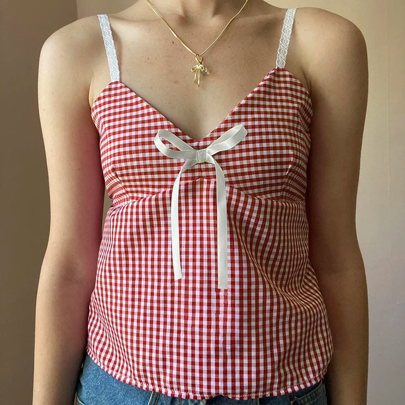 Plaid Print V-neck Camisole Bow Top Sleeveless
