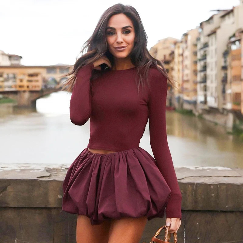 Slim Round Neck Backless Twit Long Sleeve Top Floral Bud Mini Skirt Set