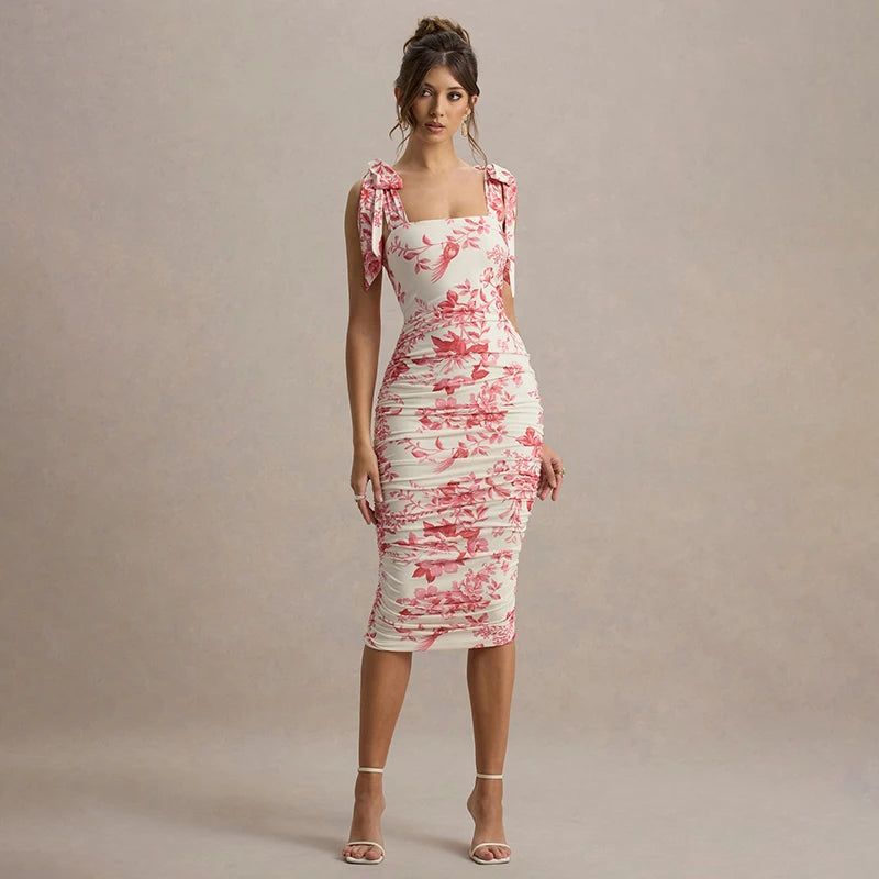 'S Spring And Shrink Pleated Package Hip Slim Printing Camisole Tie Dress Dress