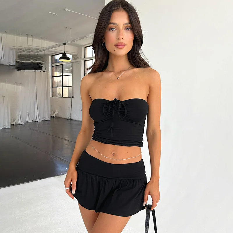 Skirt Set Halter Straple Drawtring Ruch Crop Top Elaticat Wait Pleat Skirt Set