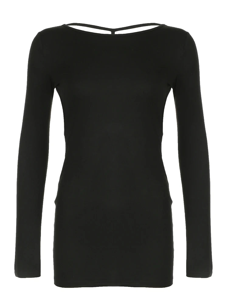 Backless Bodycon Dress Long Sleeves Crewneck Pullovers Eveing Dress