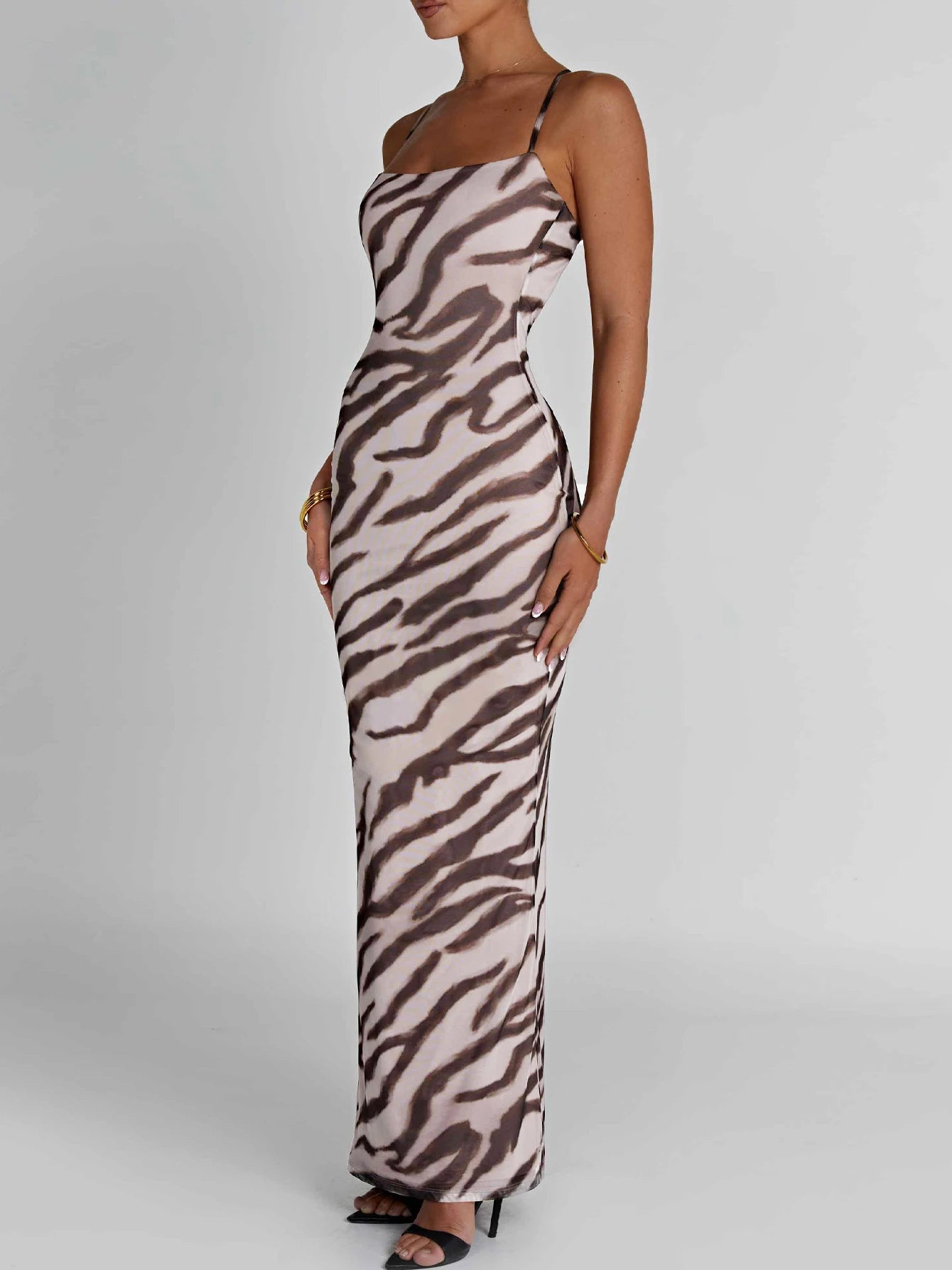 Sleeveless Backless Bodycon Lace Up Zebra Cami Maxi Dress Long Dress