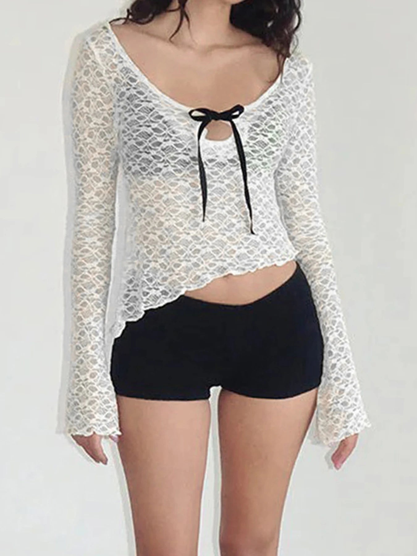 Crewneck See-through Lace Tee Shirt Long Sleeve Top