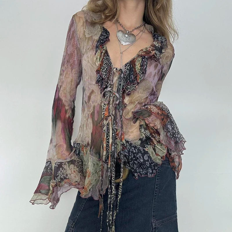 Tie Dye Shirt Ruffle Flare Sleeve Lace-up Retro See-through