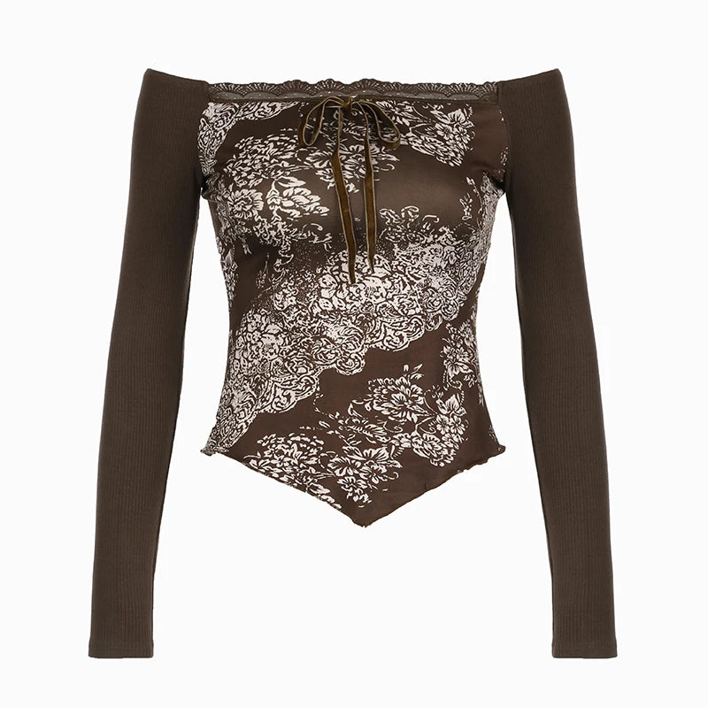 Floral Print Slim Top Tees Lace-up Brown ing Patchwork