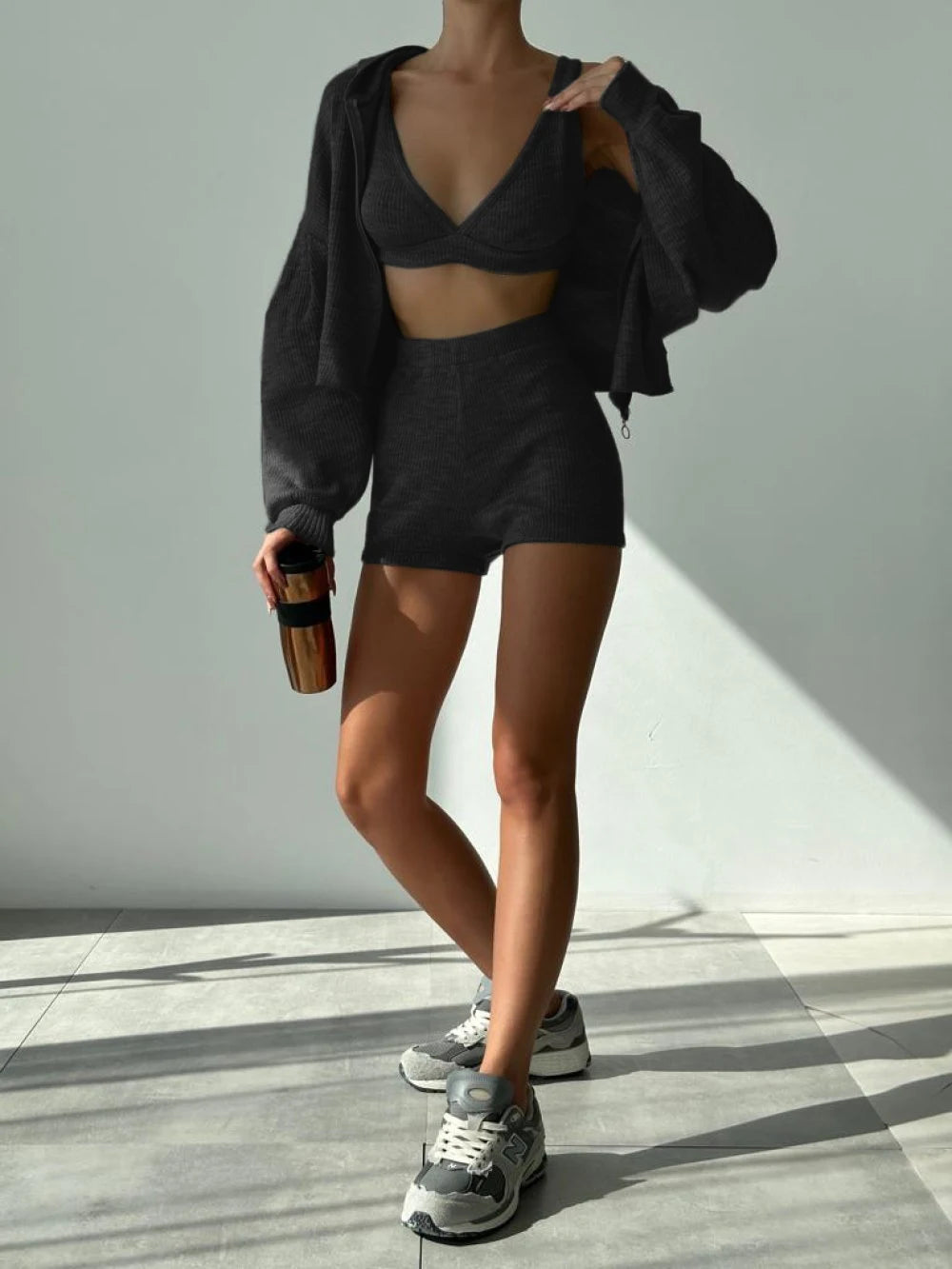 s Sporty Three-piece Set Zip up Hoodies American Retro Knitted