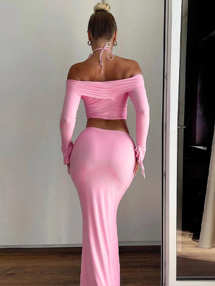 3D Flower Off Shoulder Crop Top Maxi Skirt Set