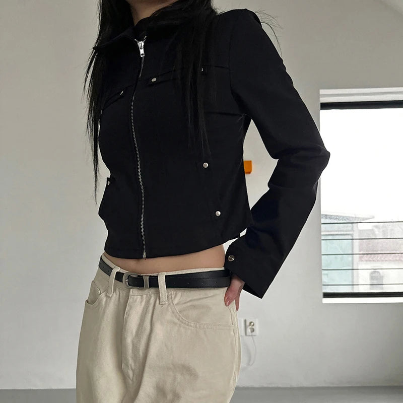's Rivet Jacket Black Zip-Up with Pockets Long Sleeve Coats Cropped Design