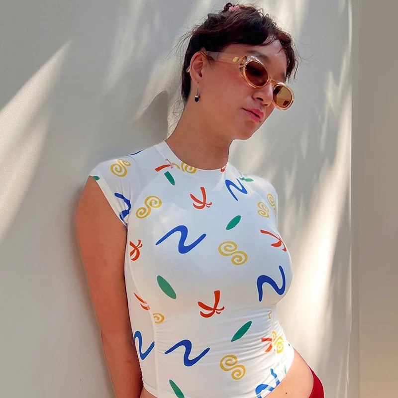 Colorful Printed Half High Neck Slim Short Sleeveless Top Fresh heart