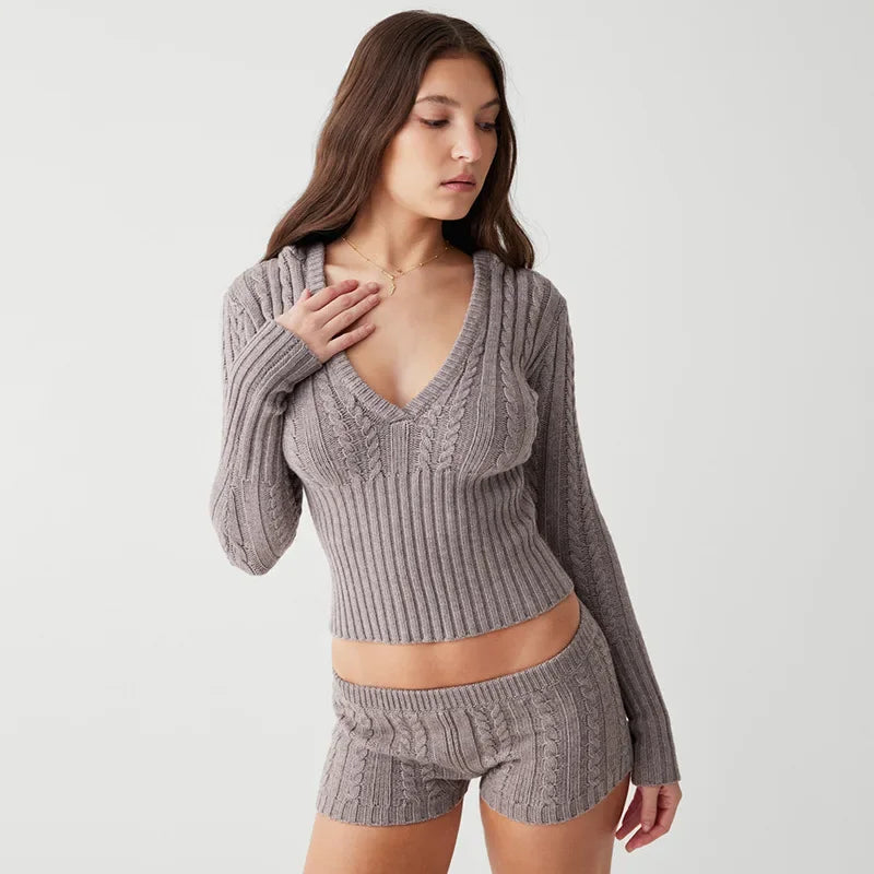 Knitted Sweater & Mini Shorts Two Piece Set