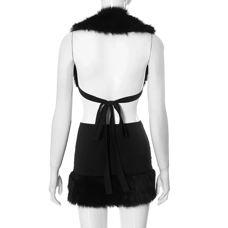 Fur Patchwork Set Deep V Tie Big Backless Fur Top Mini Fur Wrap Hip Skirt Set Evening