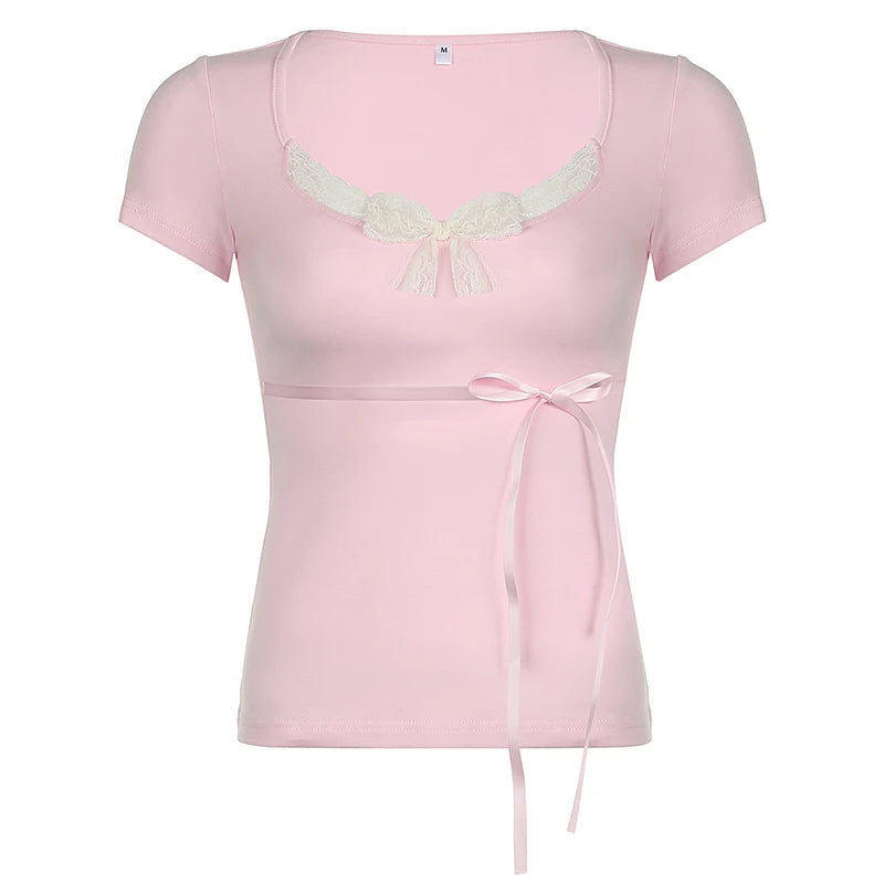 Lace Patchwork Tee Shirts Lace-up Kawaii Cropped Slim Top Tee